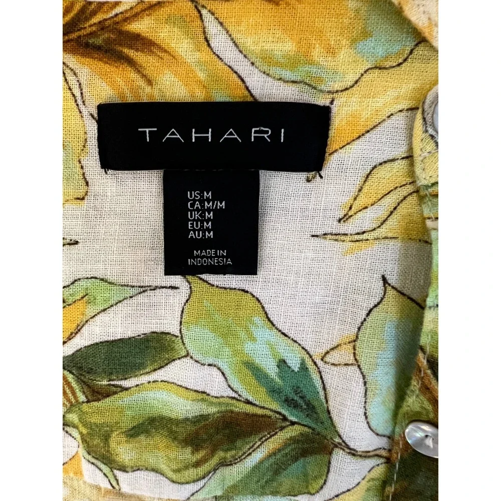 Tahari Linen Long Sleeve Shirt Dress Sz M Tropical‎ Print Coastal Boho Vacation